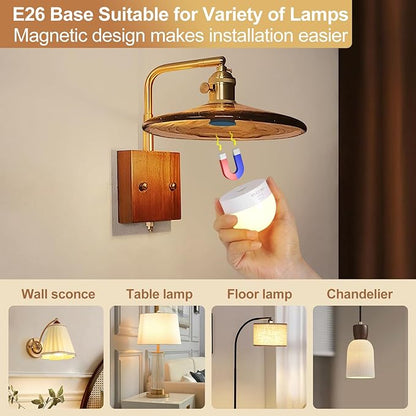 Rechargeable Light Bulbs with Remote Control, 3600mAh E26 Base Battery OperatedLED Bulb for Lamp Sconce, 300LM 15 RGB Lights Dimmable Timer Cordless Magnetic Led Light Bulb, 2 Pcs