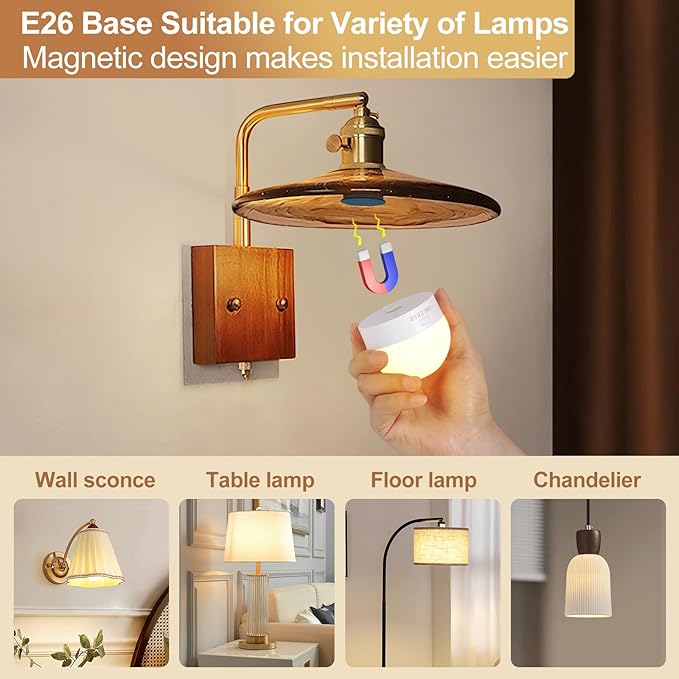 Rechargeable Light Bulbs with Remote Control, 3600mAh E26 Base Battery OperatedLED Bulb for Lamp Sconce, 300LM 15 RGB Lights Dimmable Timer Wireless Magnetic Led Light Bulb, 1 Pcs