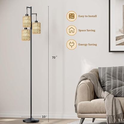 Oneach 70" Floor Lamps for Living Room, Stepless Dimmable Boho Floor Lamp with 3 Bulbs, Tall Farmhouse Industrial Corner Standing Tree Lamp for Bedroom, Office, Study Room, Rattan with Linen Shade