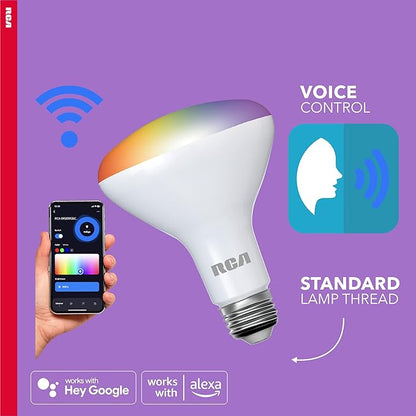 RCA WiFi LED Smart Light Bulb, 1-PK | Indoor Flood Light, 9W (60W Equiv) Multicolor & White LED Light Bulb, Dimmable & Tunable BR30 Smart Bulb, Google & Alexa Light Bulb Compat, Control from Anywhere