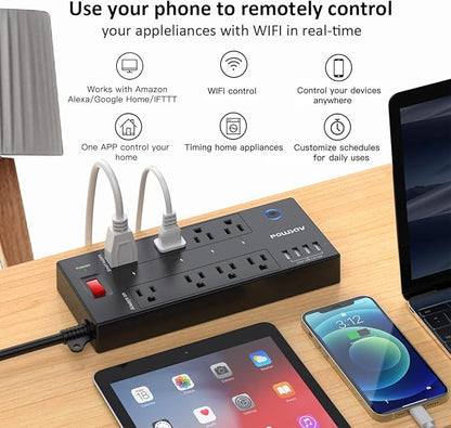 POWSAV 6 Ft WiFi Surge Protector - 8 Outlet Extension Cord with 4 Smart & 4 Always On Outlets, 4 USB Ports, Alexa & Google Home Compatible, Black