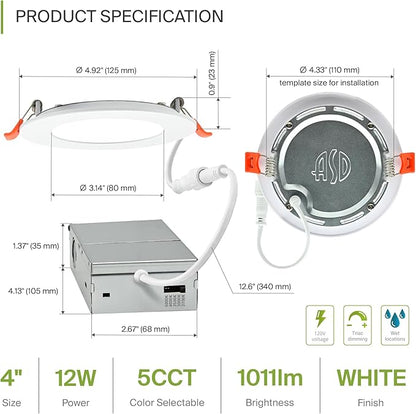 ASD 6 Pack LED Recessed Lighting 4 Inch 12W, 5 CCT 2700K-5000K CRI90+, IC Rated Ultra Thin Dimmable Ceiling Lights with J Box, Canless Wafer Downlight, Round Slim Panel Light, Energy Star ETL, White