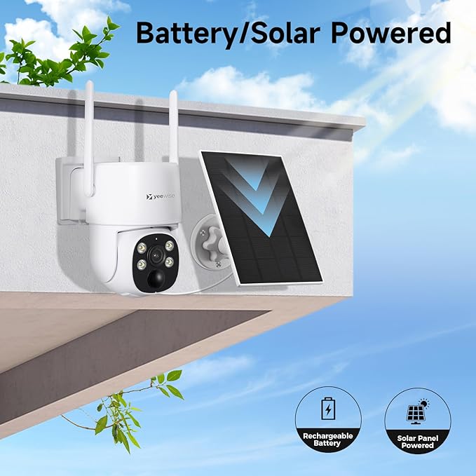 Yeewise 2K NightColor Solar Security Camera, Wireless Pan Tilt Battery Camera, Dual-Band Wi-Fi 6, Color Vision Day and Night, Smart PIR Detection, No Monthly Fee, Bluetooth Setup