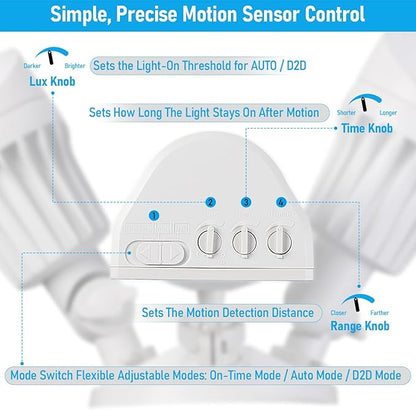 LEONLITE COB LED Security Light, Motion Sensor Outdoor Lights, Dusk to Dawn, 100-277V, ETL Listed, Adjustable Heads, Motion Detector Flood Light, Aluminum, IP65 Waterproof, 3000K Warm White, White