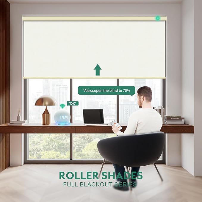 Motorized Blinds with Remote [100% Blackout & Silent Motor] Smart Blinds Compatible with Alexa Google HomeKit, Electric Roller Shades for Indoor Windows, Customized Size, Linear Light Yellow