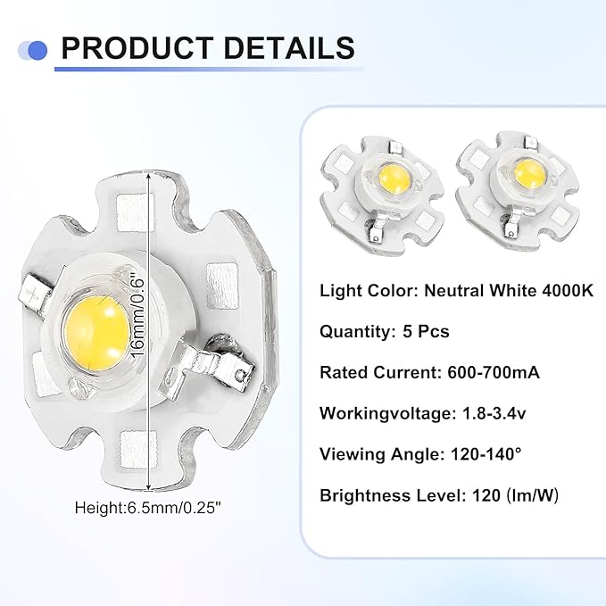 High Power LED Chip Bulb 5 Pcs- Neutral White 4000K 600-700mA LED Light with Heatsink Aluminum Base Bulb Lamp Super Bright Intensity COB Light for Home Studio Show DIY Project