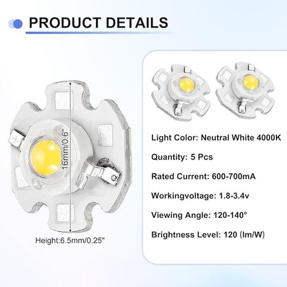 High Power LED Chip Bulb 5 Pcs- Neutral White 4000K 600-700mA LED Light with Heatsink Aluminum Base Bulb Lamp Super Bright Intensity COB Light for Home Studio Show DIY Project