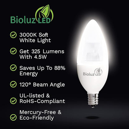 Bioluz LED Light Bulb 40 Watt Candelabra Bulbs 4.5W Dimmable Candelabra LED Bulbs C37 E12 Led Bulb,325 Lumens,120° Beam Angle 3000K Soft White LED Candle Light bulbs For Home Decor UL Listed Pack of 6