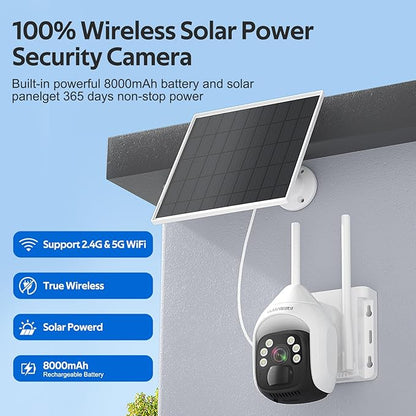 Solar Security Cameras Wireless Outdoor, 2K Pan-Tilt 360° View, Dual-Band WiFi (5G & 2.4GHz), Battery/Solar Powered with Spotlight, Color Night Vision, Human Detection, Siren Alarm