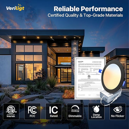 6 Pack 6 Inch 5CCT LED Recessed Light, Silm Canless Recessed Lighting, Dimmable, Damp Rated, 2700K-5000K, Wafer Ceiling Downlight with Junction Box, 1200LM, 12W 120V, Black, ETL&FCC