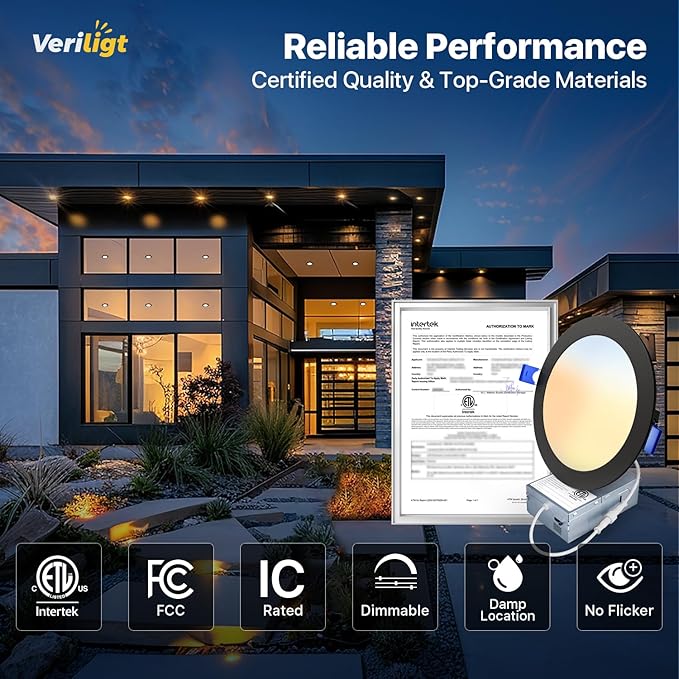 2 Pack 6 Inch 5CCT LED Recessed Light, Silm Canless Recessed Lighting, Dimmable, Damp Rated, 2700K-5000K, Wafer Ceiling Downlight with Junction Box, 1200LM, 12W 120V, Black, ETL&FCC