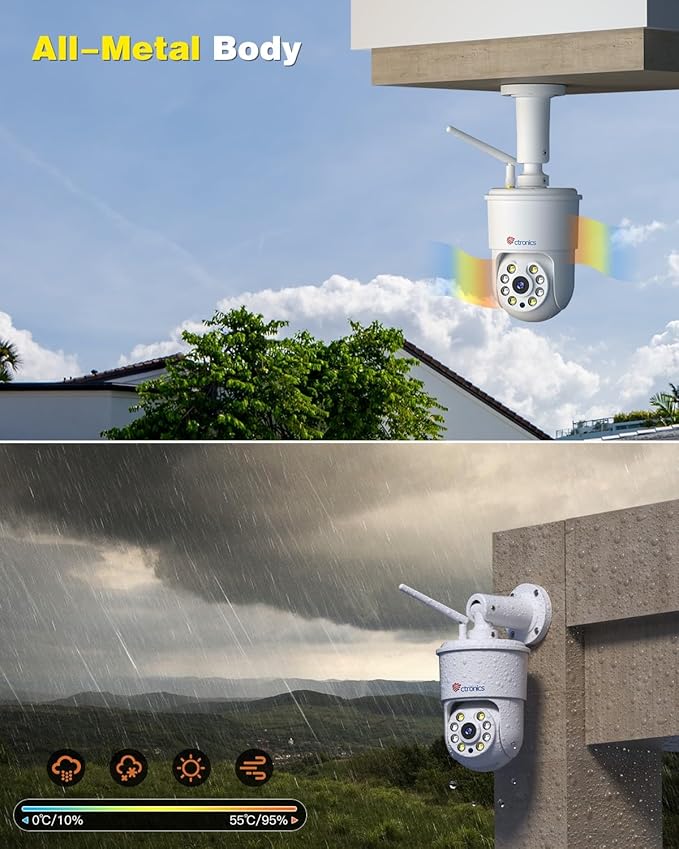 Ctronics 4K Security Camera Outdoor, AI Vehicle/Animal/Human Detection, Auto Tracking, 2.4/5Ghz WiFi, PC/Phone Remote, 256GB SD/Cloud/FTP/NAS, 24/7, Color Night Vision[All-Metal]