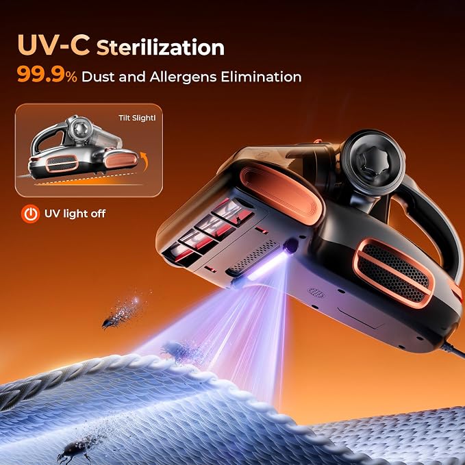 JIGOO T600 Bed Mattress Vacuum Cleaner with UV-C Light, 15Kpa Suction, 700W | 700W Motor, Handheld, Double Cup, Smart Dust Sensor, Ultrasonic, Heating Tech, MIF Filter, Deep Clean for Bed, Sofa, Pet Hair