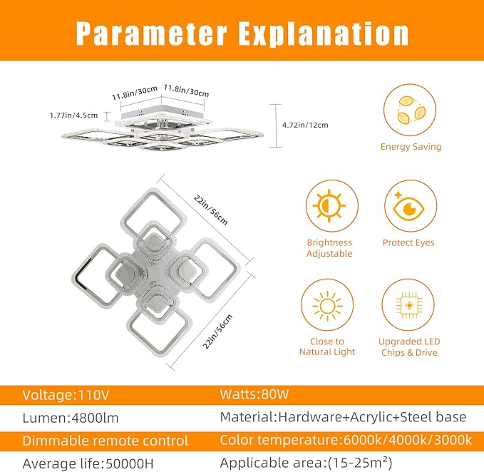 Modern 80W LED Ceiling Light, 8-Square Dimmable Flush Mount, Chrome | 4800LM with Remote, 3000K-6000K, Modern Ceiling Light Fixture for Living Room, Bedroom, Dining Room, Kitchen, Hallway