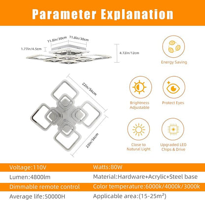Modern 80W LED Ceiling Light, 8-Square Dimmable Flush Mount, Chrome | 4800LM with Remote, 3000K-6000K, Modern Ceiling Light Fixture for Living Room, Bedroom, Dining Room, Kitchen, Hallway