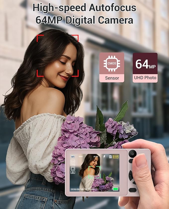 4K Digital Camera for Photography- 64MP Autofocus Vlogging Camera with Dual Lens, 18X Digital Zoom- Small Point and Shoot Camera with Card and 2000mAh for YouTube, Travel, Beginners (Pink)