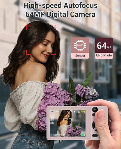 4K Digital Camera for Photography- 64MP Autofocus Vlogging Camera with Dual Lens, 18X Digital Zoom- Small Point and Shoot Camera with Card and 2000mAh for YouTube, Travel, Beginners (Pink)