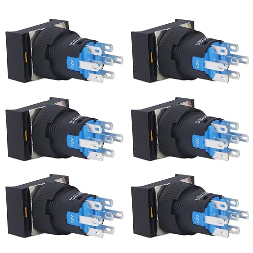 25Pcs Micro Squares Push Button Switch 16mm 12V Self Locking with Light ABS Brass for Automation Equipment DIY Electrical Installation (Yellow)