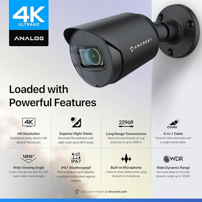 Amcrest 4K Analog Outdoor Security Camera, Bullet 4K (8MP) @15fps, CCTV-Coax-BNC, 98ft Night Vision, IP67 Metal, 125° Angle, Mic, Black (Not an IP Camera) (DVR Required, Not Included) (AMC4KBC28-B-V3)