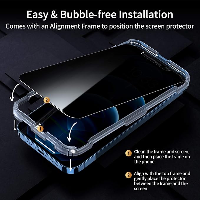 UNBREAKcable Privacy Screen Protector for iPhone 12/ iPhone 12 Pro, Shatterproof Tempered Glass [True 28°Anti Spy] [9H Hardness] [Easy Installation Frame] Black Protector for iPhone 6.1" - 2 Pack