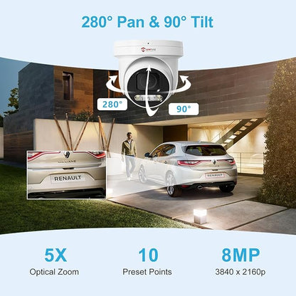Anpviz 4K 8MP PoE PTZ Camera Outdoor, 5X Optical Zoom 2.7~13.5mm Lens, Pan 280° Tilt 90° IP Security Camera Human Vehicle Detection, Spotlight&Sound Alarm, 2 Way Talk, PTZIP30A80WD-SA-5X (U Series)