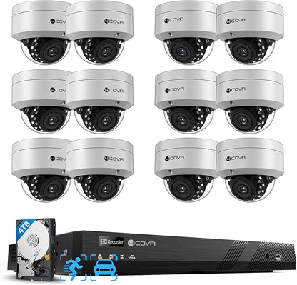 4COVR 16 Channel PoE Security Camera System AI Human/Vehicle Detection, 12Pcs IK10 Vandal-Proof 5MP Wired Commercial Dome IP Camera IP67, 16CH 4K NVR 4TB, Business Surveillance Outdoor, LY54AX5M1612