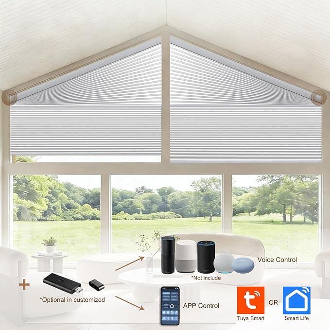 Godark Smart Angled Customized Blackout Honeycomb Blinds Suitable for Trapezoidal/Triangular/Polygonal Windows Motorized Cellular Shades Compatible with Alexa/Google Home/Tuya APP-White