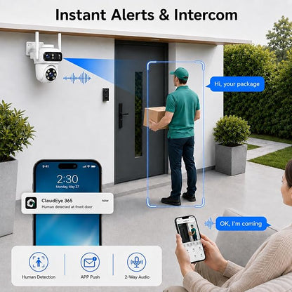 CAMCAMP Triple-Lens Security Camera Wireless Outdoor, Remote Access via APP | 1 Cam 3 views, auto tacking, human detected, plug-in power WiFi Pro, Color Night Vision, for big home side yard Gate Driveway