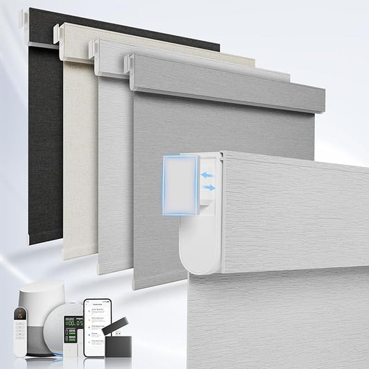 No Drill Motorized Blinds with Remote, No Tools Automatic Blinds for Window, Blackout Motorized Shades, Light-Filtering Smart Blind, Dry Battery, Customized Size, White