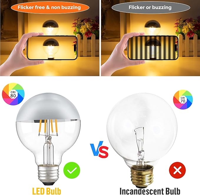 Half Chrome Light Bulb,Dimmable G80/G25 Globe Chrome Tip LED Light Bulbs Silver Top,Dipped Light Bulbs with Silver Bottom for Bathroom,Vanity,Mirror,2700K Warm White 400LM,2 Pack