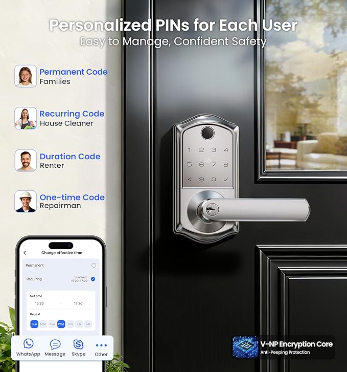 Veise VE019 Fingerprint Smart Lever Lock, App Control, Keyless Entry Door Lock with Handle, Touchscreen Keypad Knob for Front Door and Bedroom, Remote Access Sharing, IP55 Waterproof, Satin Nickel