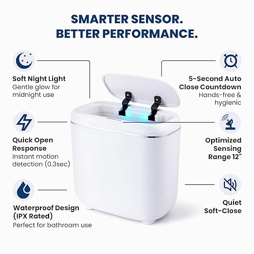 Motion Sensor Trash Can, Automatic Touchless Trash bin, 2.6 Gallon for Bathroom, Bedroom & Office - Waterproof, Quiet Close, White