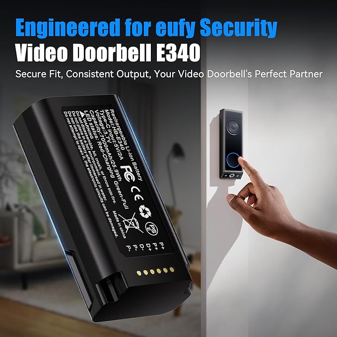 Fulpower 1-Pack 7000mAh High Capacity Rechargeable Battery Compatible with eufy Security Video Doorbell E340, Quick-Release Design, with USB-C Charging Cable
