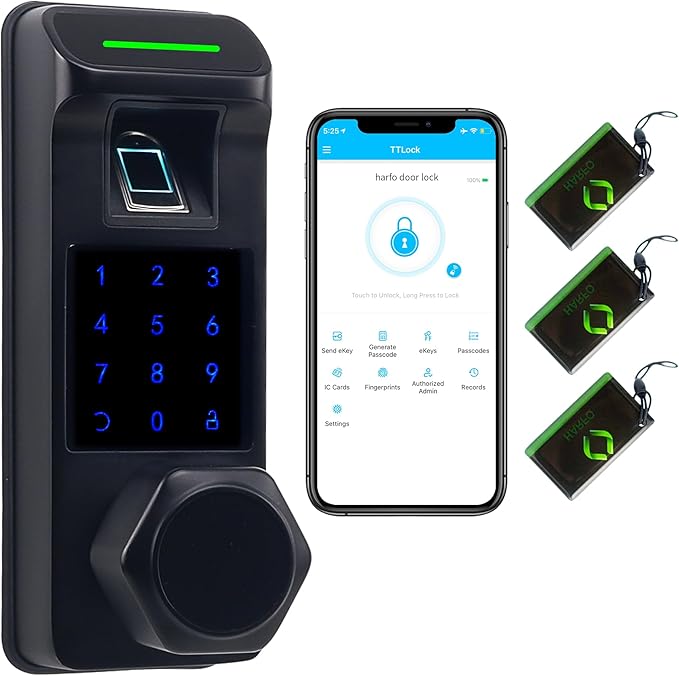 Harfo Fingerprint Door Lock, Heavy Duty Keyless Entry Door Lock, 5 in 1 Smart Door Lock with Touchscreen Keypad, Bluetooth Passcode Door Knob, Keypad Door Lock, APP Electronic Digital Lock (Black)
