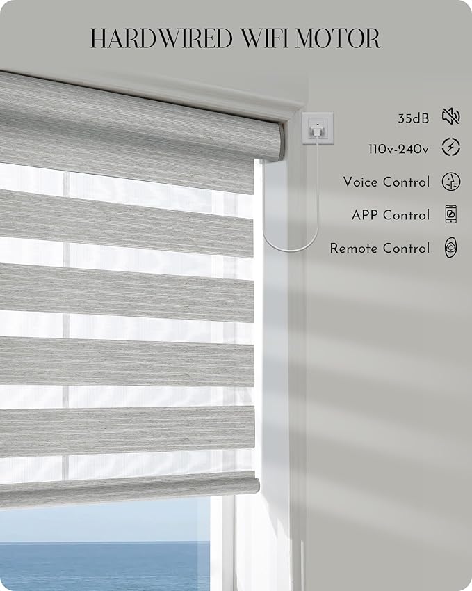 Graywind Motorized Blinds with Remote, Smart Zebra Shades for Windows, Hardwired Roller Blinds Work with Alexa, Apple Homekit, Google Home, Custom Size, Linen Weave Gray