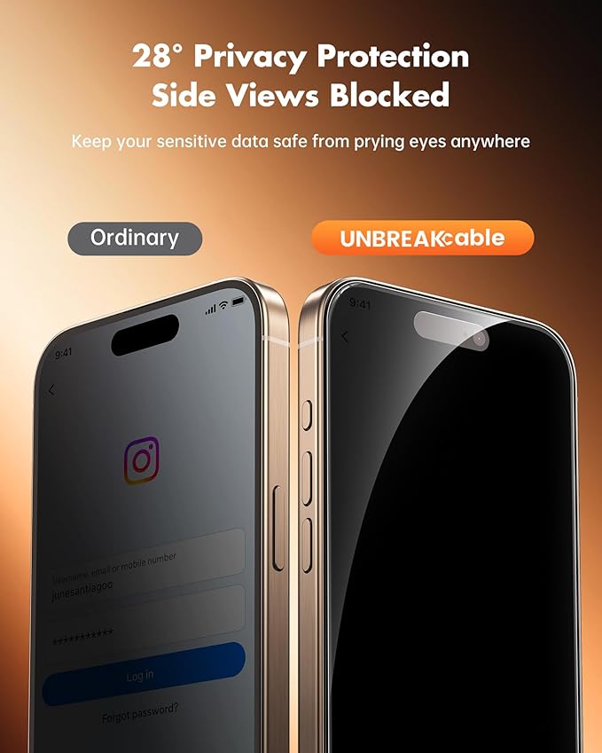 UNBREAKcable Privacy Screen Protector for iPhone 16 Pro Max, Anti-Spy Shatterproof Tempered Glass [True 28°Anti Spy] [9H Hardness] [Easy Installation Frame] Black Protector for iPhone 6.9" - 2 Pack