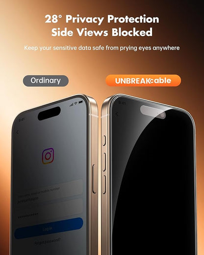 UNBREAKcable Privacy Screen Protector for iPhone 16 Pro Max, Anti-Spy Shatterproof Tempered Glass [True 28°Anti Spy] [9H Hardness] [Easy Installation Frame] Black Protector for iPhone 6.9" - 2 Pack