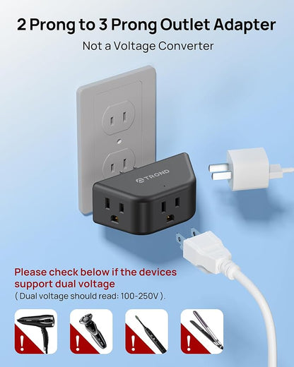 TROND 2 Prong to 3 Prong Outlet Adapter for Old House, 2 Pack | 3-Sided Design Plug Extender with 3 AC Sockets, Wall Plug Splitter for Non-Grounded Outlets in Home Travel, Black
