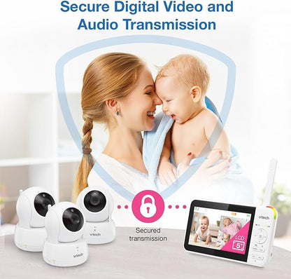 VTech VM924-3 5" Pan Tilt Zoom Video Baby Monitor with 3 Cameras – No WiFi, 17Hr Battery, 1000ft Range, Night Vision & Lullabies – Ideal for New Parents