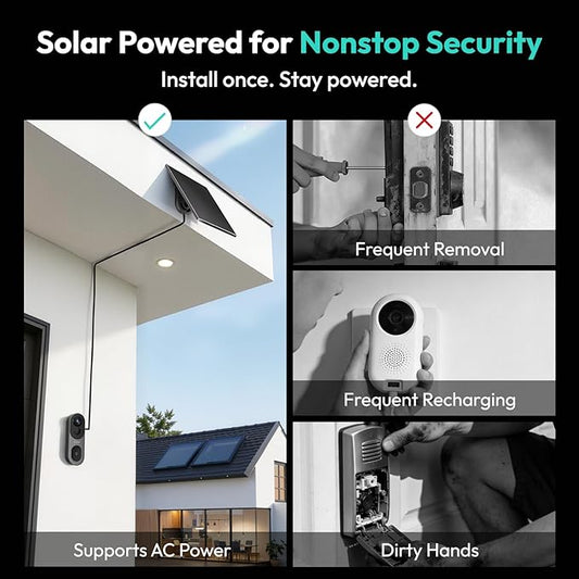 BOTSLAB 5MP Doorbell Camera Wireless with Solar Panel, Nonstop Power Video Doorbell with Head-to-Toe View, No Subscription, AI Motion Detection, VR Mode, 6400mAh Battery, 2.4Ghz WiFi