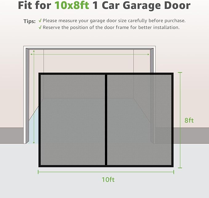 Garage Screen Doors for 1 Car Garage - 10x8Ft Magnetic Closure Heavy Duty Weighted Bottom Screen Self Sealing Fiberglass Mesh Anti Annoying Animals Retractable Net - Easy Install & Pass-Through(Black)