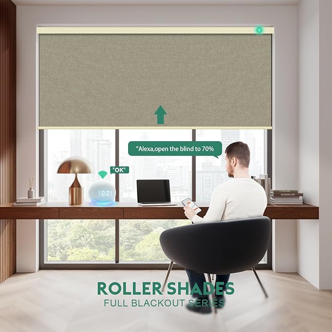 Motorized Blinds with Remote [100% Blackout & Silent Motor] Smart Blinds Compatible with Alexa Google HomeKit, Electric Roller Shades for Indoor Windows, Customized Size, Mist Brown