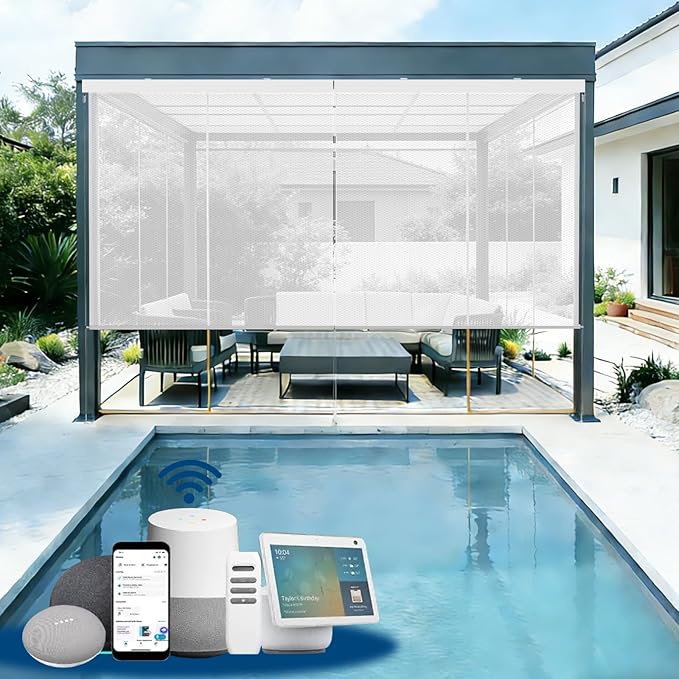 Motorized Outdoor Shades, Custom Patio Roller Blinds with Remote, Smart Exterior Sun Shades Compatible with Alexa, HomeKit, Google Home (5% Openness White)