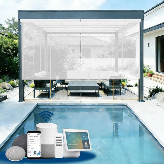 Motorized Outdoor Shades, Custom Patio Roller Blinds with Remote, Smart Exterior Sun Shades Compatible with Alexa, HomeKit, Google Home (5% Openness White)