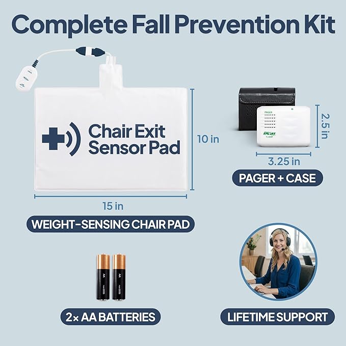 Smart Caregiver Chair Exit Alarm System with Wireless Pager and for Fall Prevention | Chair Alarm Alerts Caregiver When They Get Up from The Chair | USA-Based Company and Customer Support