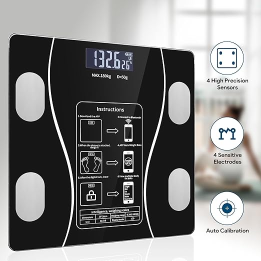 Bluetooth Smart Scale for Body Weight, Bluetooth Smart Scale for Body Weight, Fat, Muscle & BMI | Comprehensive Health Metrics with Effortless Fitness App Sync [Black]