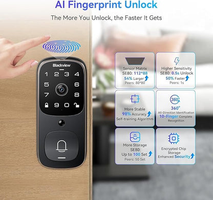 Blackview Video Smart Lock SE80, 3-in-1 3.5K Door Camera+Doorbell+Fingerprint Keyless Entry Door Lock, Smart Wi-Fi Deadbolt for Front Door, App Remote Control, No Monthly Fee, 32GB Local Storage