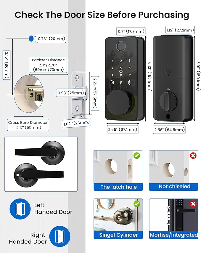 Smart Lock with 2 Lever Handle Set, Fingerprint Keyless Entry Door Lock Front Door App Control, Electronic Touchscreen Keypad Deadbolt, Auto Lock, IP54 Waterproof, Easy Install Built-in Doorbell