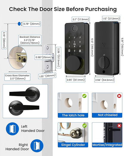 Smart Lock with 2 Lever Handle Set, Fingerprint Keyless Entry Door Lock Front Door App Control, Electronic Touchscreen Keypad Deadbolt, Auto Lock, IP54 Waterproof, Easy Install Built-in Doorbell