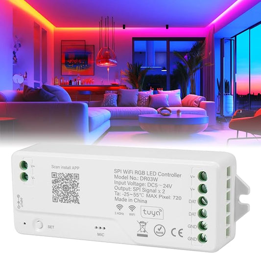 DR03W WiFi SPI 5~24V RGB Controller - Designed for Addressable LED Strip Lights, Compatible with Alexa Google Home Siri Smart Life Tuya APP Control Work with RC03RF WR01RF 2.4GHz Remoter etc